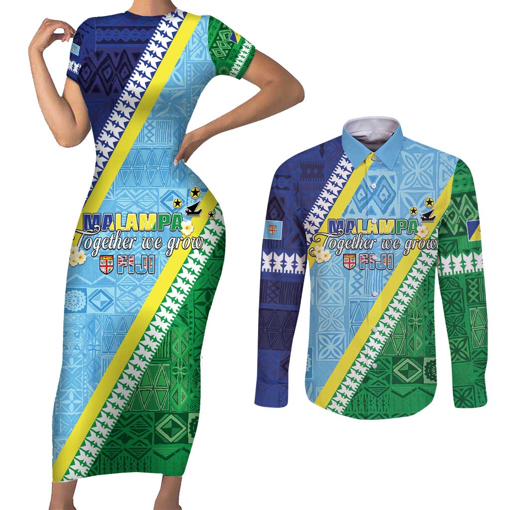 Love Malampa Fiji Day Couples Matching Short Sleeve Bodycon Dress and Long Sleeve Button Shirt Together We Grow LT05 Blue - Polynesian Pride