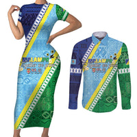 Love Malampa Fiji Day Couples Matching Short Sleeve Bodycon Dress and Long Sleeve Button Shirt Together We Grow LT05 Blue - Polynesian Pride