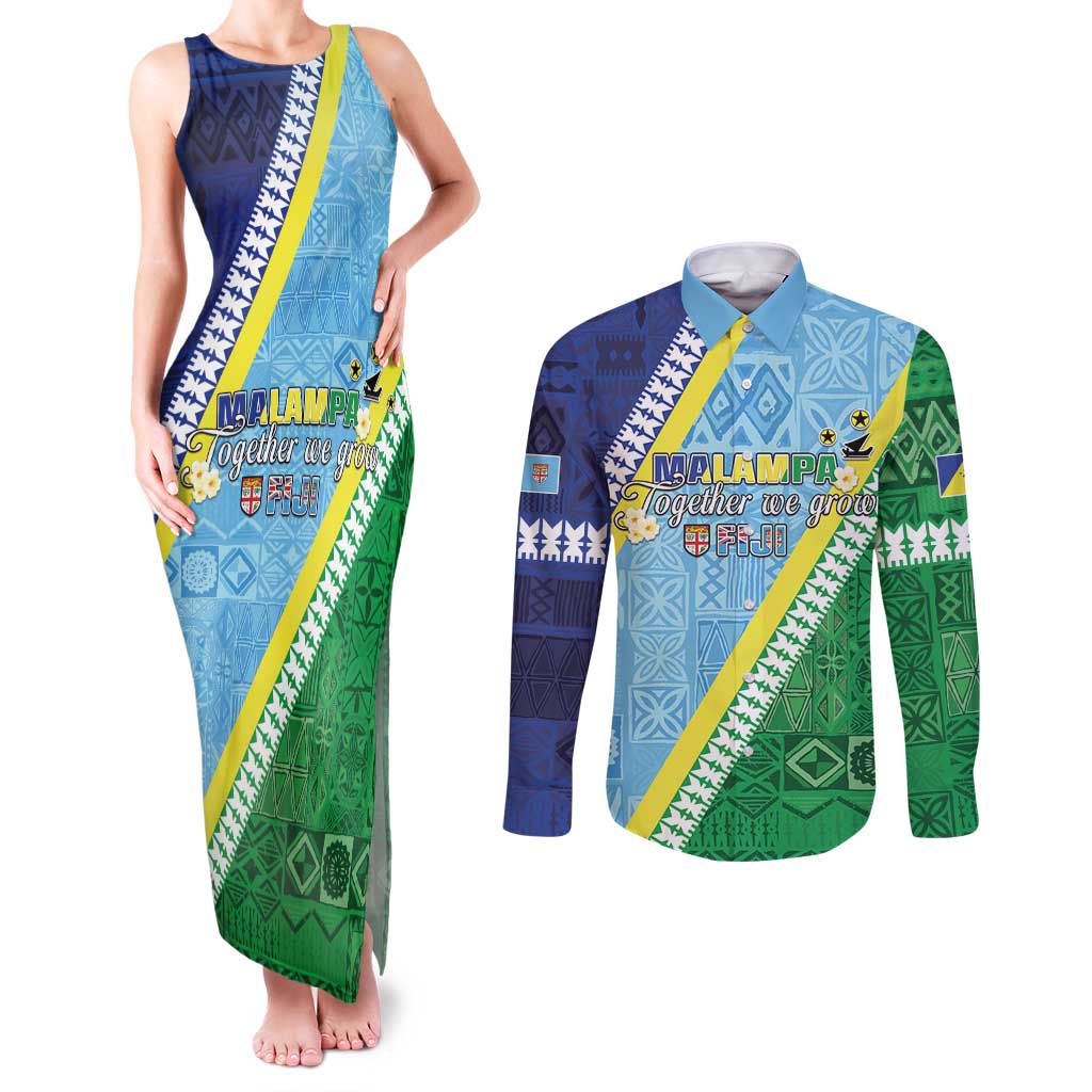 Love Malampa Fiji Day Couples Matching Tank Maxi Dress and Long Sleeve Button Shirt Together We Grow LT05 Blue - Polynesian Pride