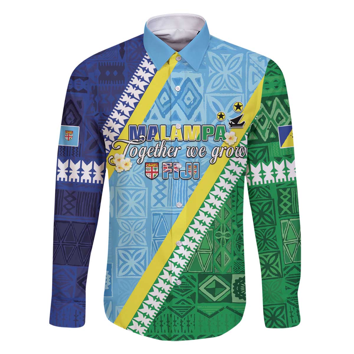 Love Malampa Fiji Day Family Matching Off The Shoulder Long Sleeve Dress and Hawaiian Shirt Together We Grow LT05 Dad's Shirt - Long Sleeve Blue - Polynesian Pride