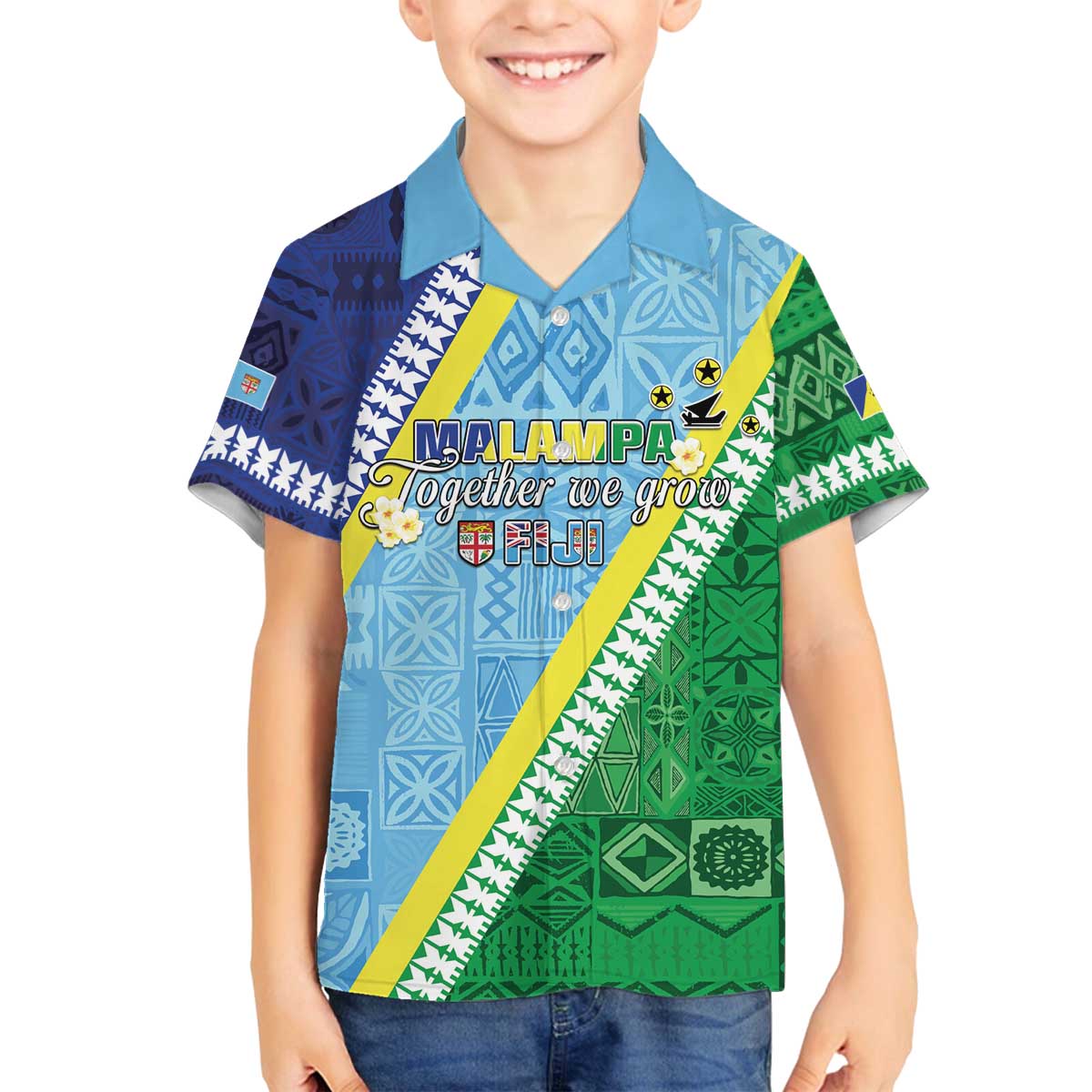 Love Malampa Fiji Day Family Matching Off Shoulder Short Dress and Hawaiian Shirt Together We Grow LT05 Son's Shirt Blue - Polynesian Pride
