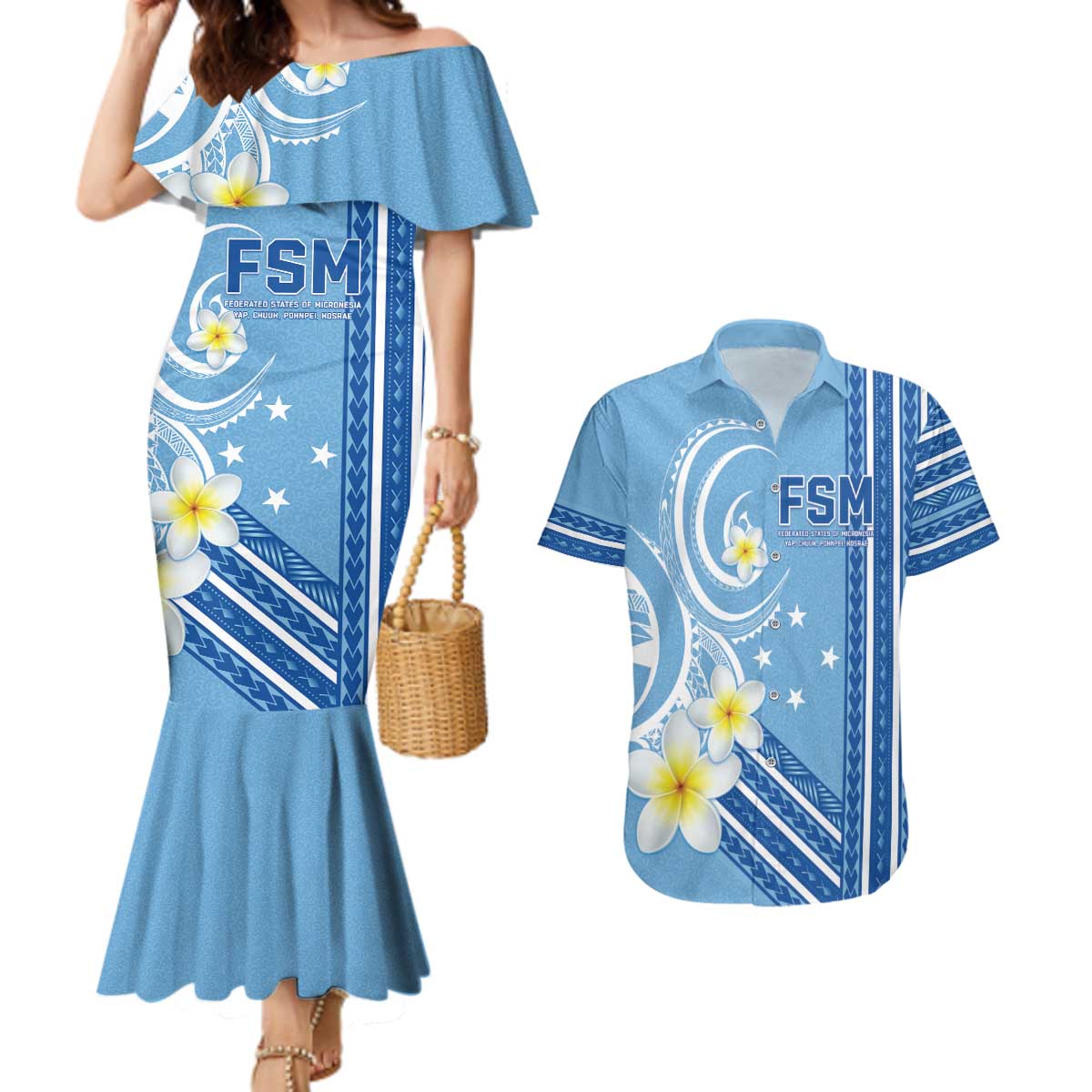 Personalised Federated States of Micronesia Couples Matching Mermaid Dress and Hawaiian Shirt Happy 38th Independence Anniversary LT05 Blue - Polynesian Pride