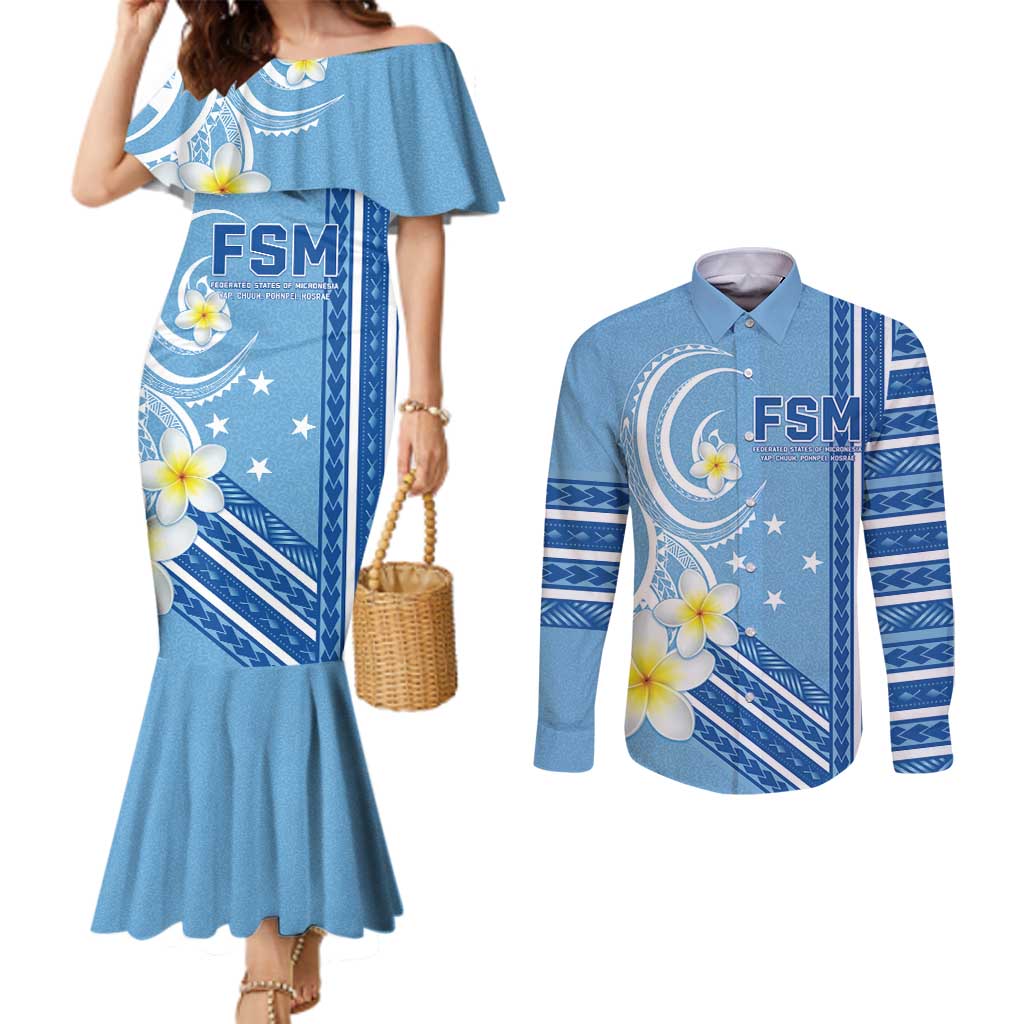 Personalised Federated States of Micronesia Couples Matching Mermaid Dress and Long Sleeve Button Shirt Happy 38th Independence Anniversary LT05 Blue - Polynesian Pride