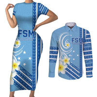 Personalised Federated States of Micronesia Couples Matching Short Sleeve Bodycon Dress and Long Sleeve Button Shirt Happy 38th Independence Anniversary LT05 Blue - Polynesian Pride