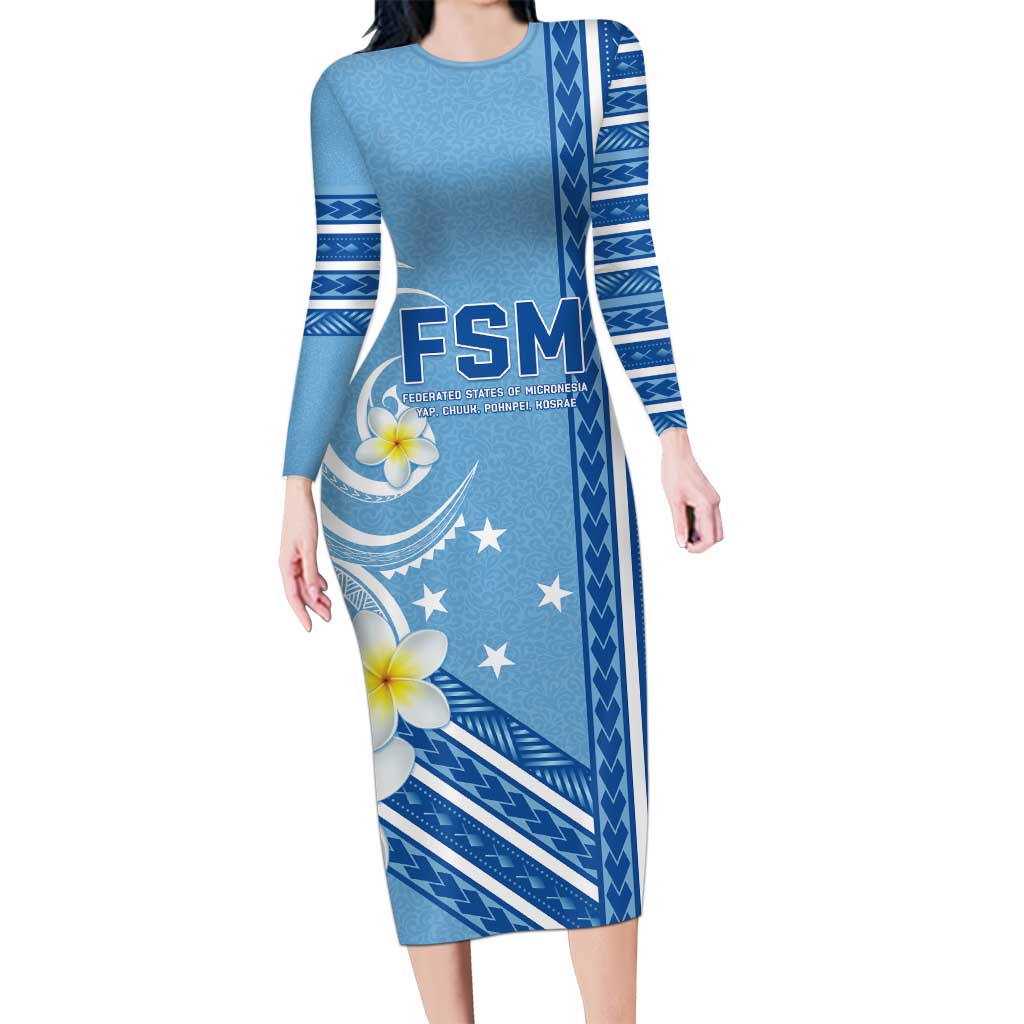 Personalised Federated States of Micronesia Family Matching Long Sleeve Bodycon Dress and Hawaiian Shirt Happy 38th Independence Anniversary LT05 Mom's Dress Blue - Polynesian Pride