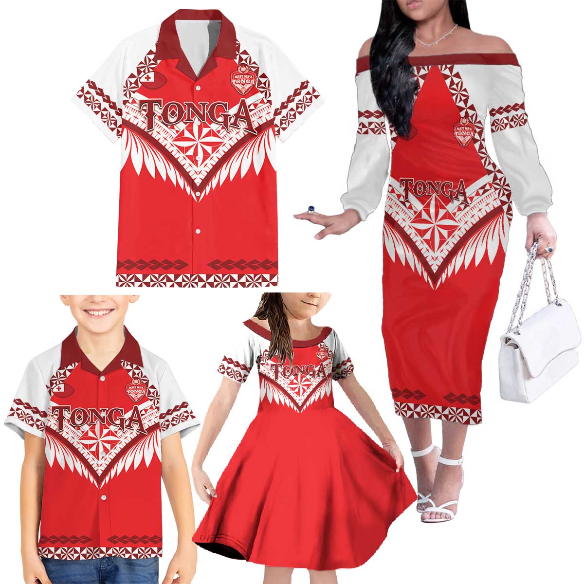 Custom Tonga Mate Maa Rugby Family Matching Off The Shoulder Long Sleeve Dress and Hawaiian Shirt Go Champions LT05 - Polynesian Pride
