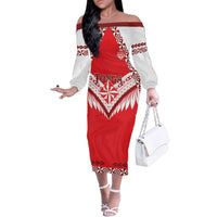 Custom Tonga Mate Maa Rugby Family Matching Off The Shoulder Long Sleeve Dress and Hawaiian Shirt Go Champions LT05 Mom's Dress Red - Polynesian Pride