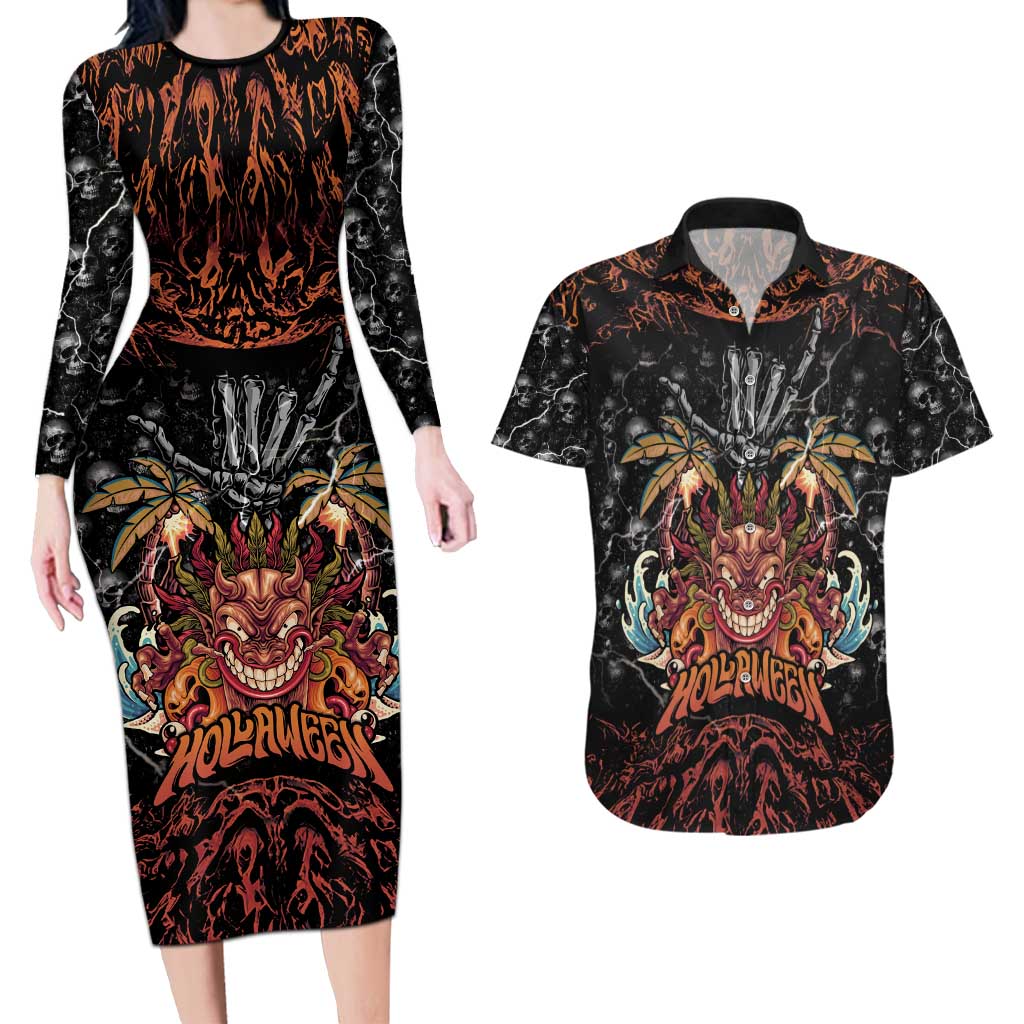 Aloha Halloween Couples Matching Long Sleeve Bodycon Dress and Hawaiian Shirt Horror Tiki Heavy Metal Style LT05 Black - Polynesian Pride