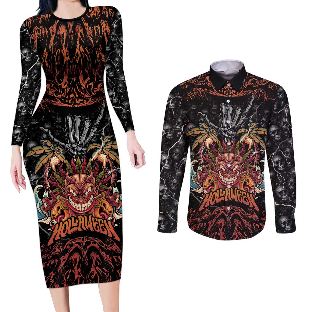 Aloha Halloween Couples Matching Long Sleeve Bodycon Dress and Long Sleeve Button Shirt Horror Tiki Heavy Metal Style LT05 Black - Polynesian Pride