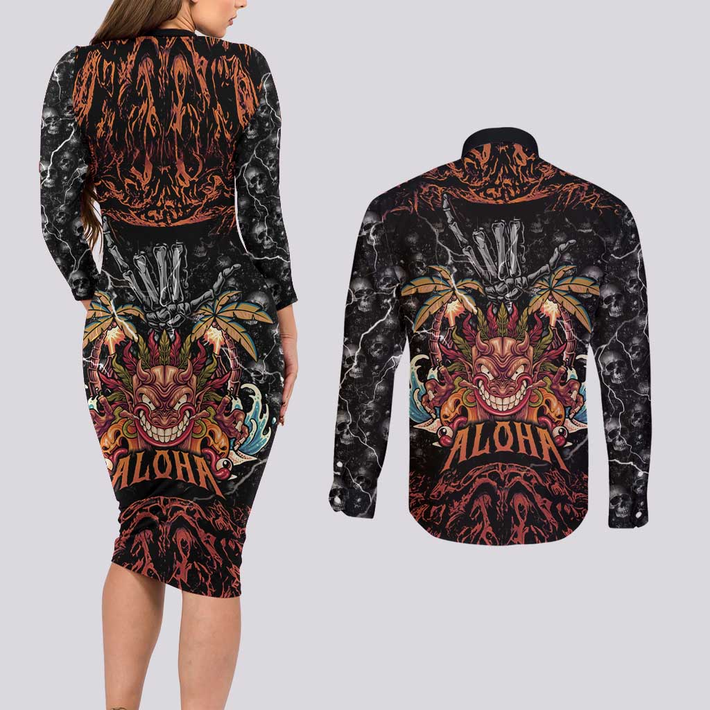 Aloha Halloween Couples Matching Long Sleeve Bodycon Dress and Long Sleeve Button Shirt Horror Tiki Heavy Metal Style LT05 - Polynesian Pride