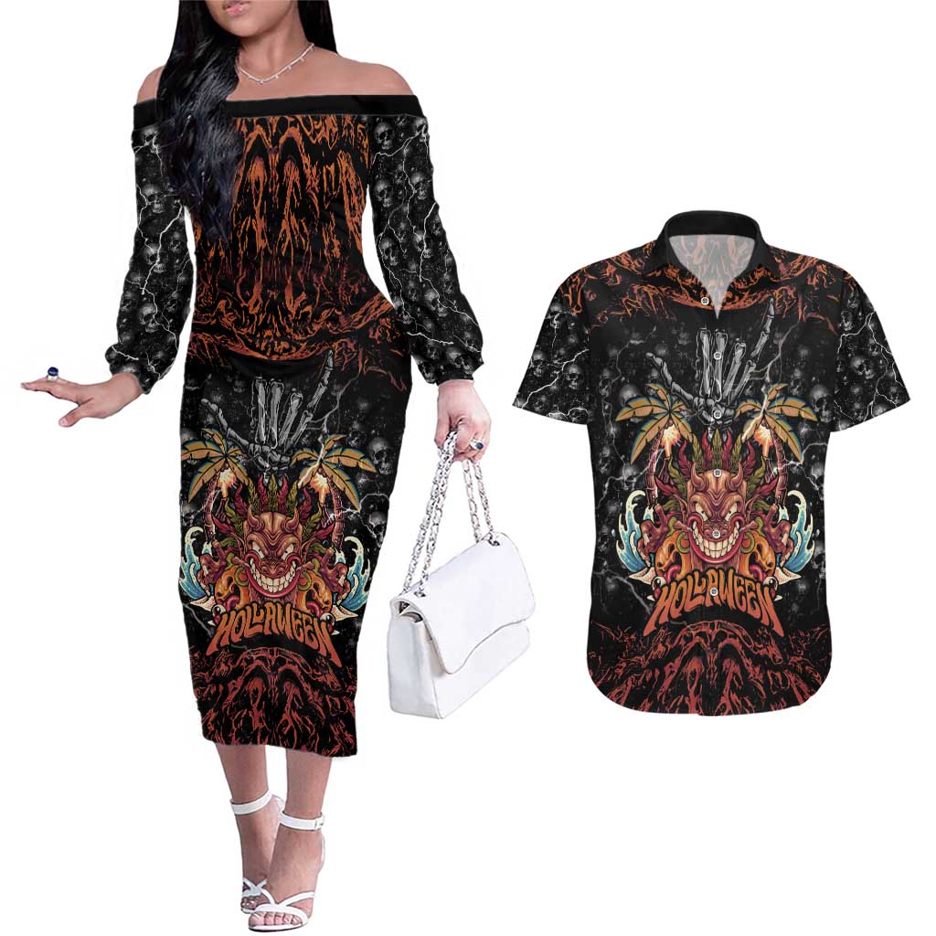 Aloha Halloween Couples Matching Off The Shoulder Long Sleeve Dress and Hawaiian Shirt Horror Tiki Heavy Metal Style LT05 Black - Polynesian Pride