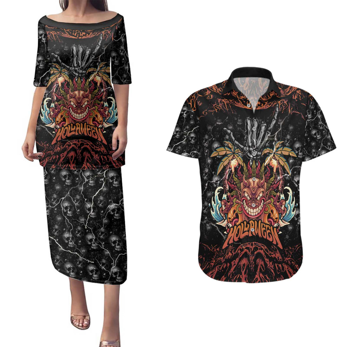 Aloha Halloween Couples Matching Puletasi and Hawaiian Shirt Horror Tiki Heavy Metal Style - Polynesian Pride