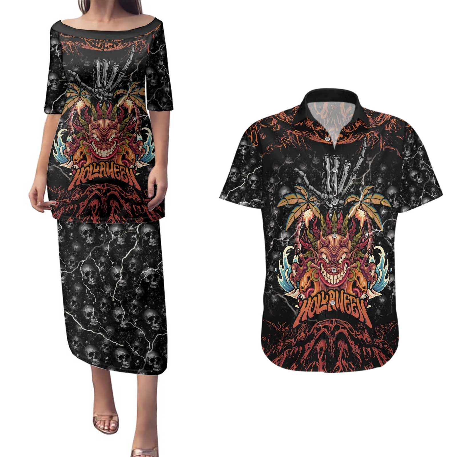 Aloha Halloween Couples Matching Puletasi and Hawaiian Shirt Horror Tiki Heavy Metal Style - Polynesian Pride