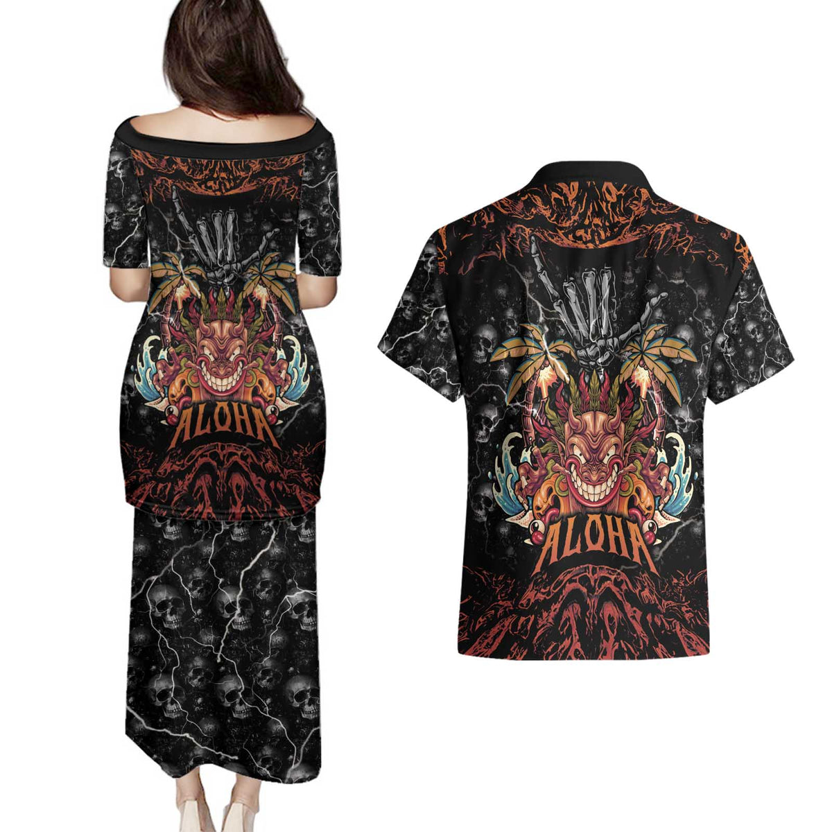 Aloha Halloween Couples Matching Puletasi and Hawaiian Shirt Horror Tiki Heavy Metal Style - Polynesian Pride