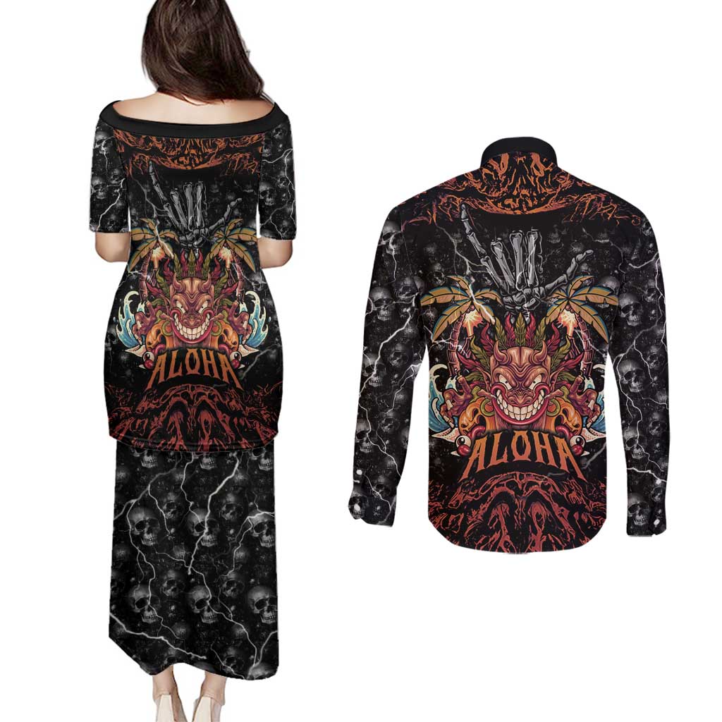 Aloha Halloween Couples Matching Puletasi and Long Sleeve Button Shirt Horror Tiki Heavy Metal Style - Polynesian Pride