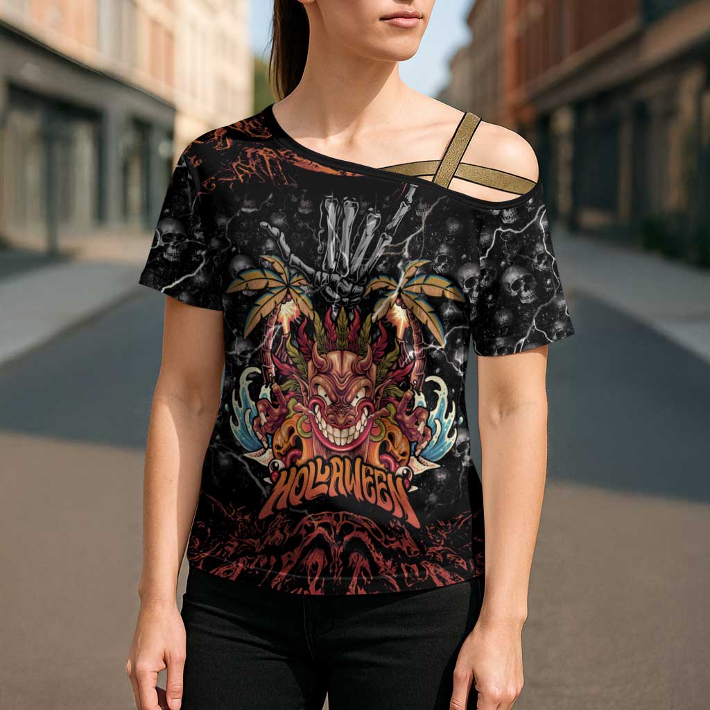 Aloha Halloween Cross Shoulder Shirt Horror Tiki Heavy Metal Style - Polynesian Pride