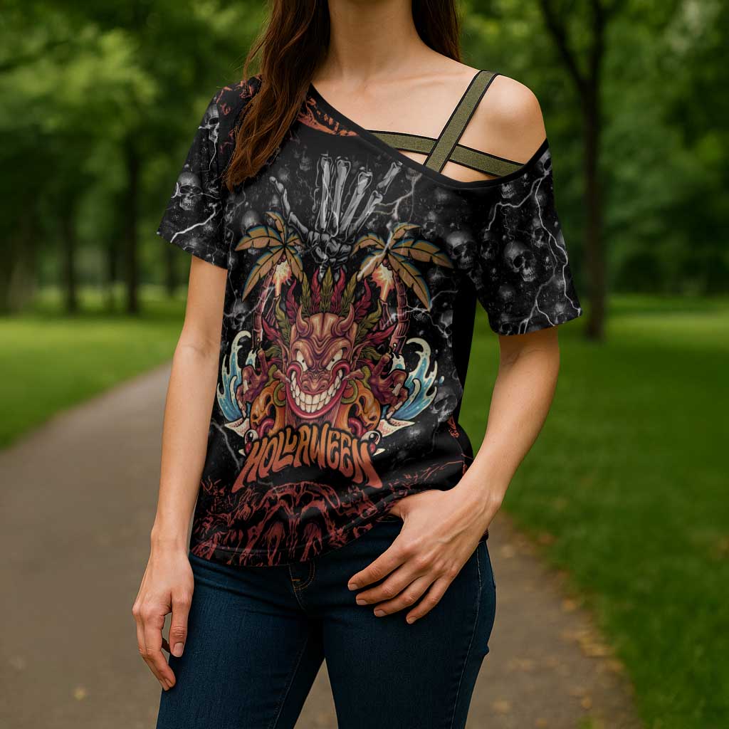 Aloha Halloween Cross Shoulder Shirt Horror Tiki Heavy Metal Style - Polynesian Pride