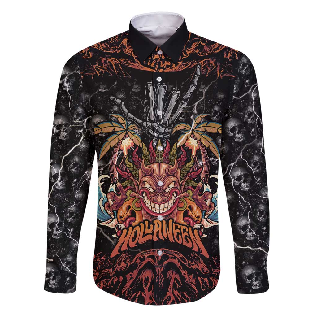 Aloha Halloween Family Matching Mermaid Dress and Hawaiian Shirt Horror Tiki Heavy Metal Style LT05 Dad's Shirt - Long Sleeve Black - Polynesian Pride