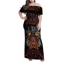 Aloha Halloween Family Matching Off Shoulder Maxi Dress and Hawaiian Shirt Horror Tiki Heavy Metal Style LT05 Mom's Dress Black - Polynesian Pride