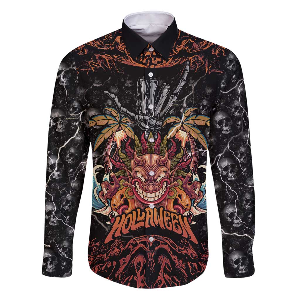 Aloha Halloween Family Matching Puletasi and Hawaiian Shirt Horror Tiki Heavy Metal Style LT05 Dad's Shirt - Long Sleeve Black - Polynesian Pride