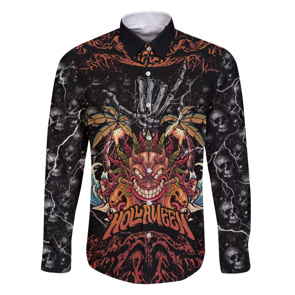 Aloha Halloween Family Matching Short Sleeve Bodycon Dress and Hawaiian Shirt Horror Tiki Heavy Metal Style LT05 Dad's Shirt - Long Sleeve Black - Polynesian Pride