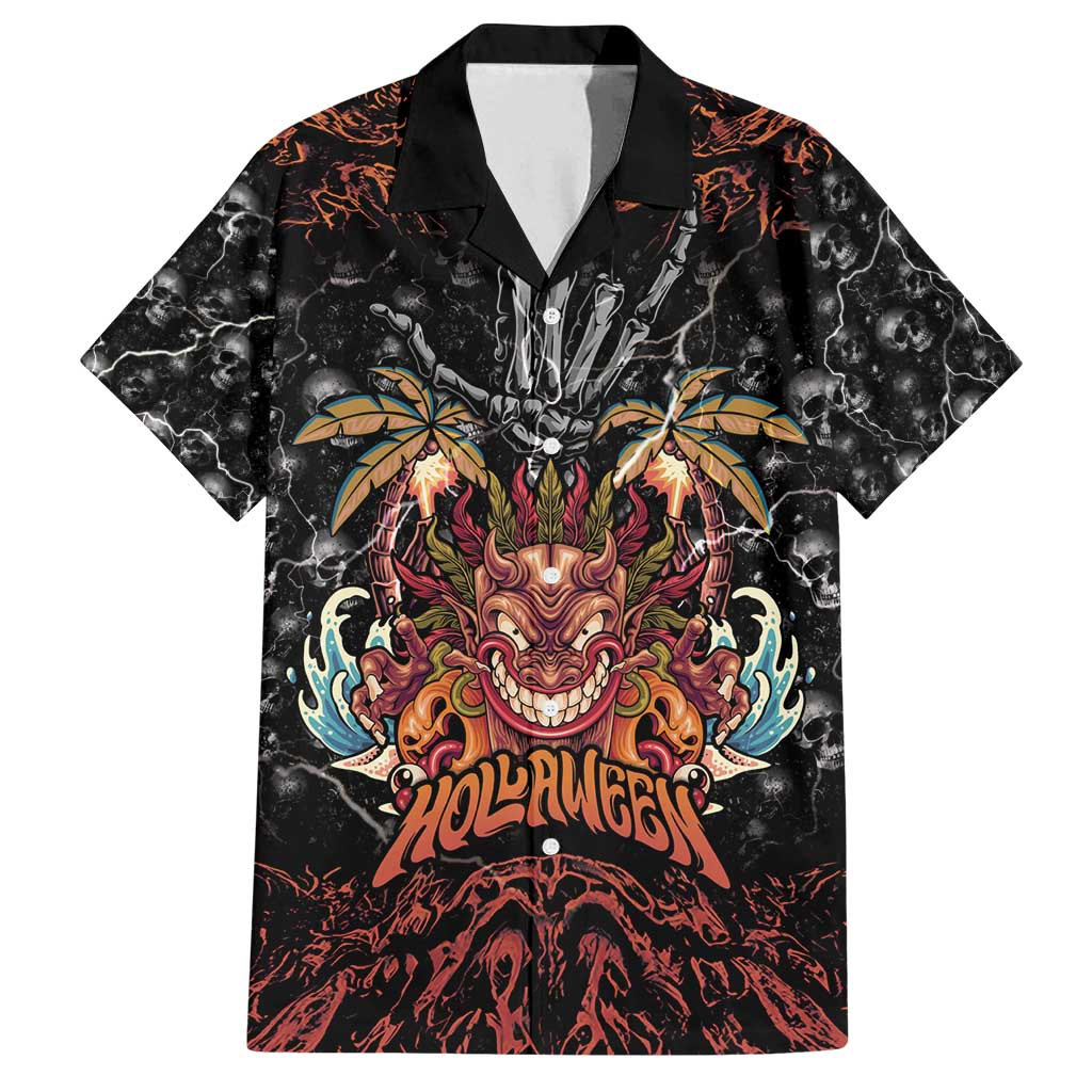 Aloha Halloween Family Matching Summer Maxi Dress and Hawaiian Shirt Horror Tiki Heavy Metal Style LT05 Dad's Shirt - Short Sleeve Black - Polynesian Pride
