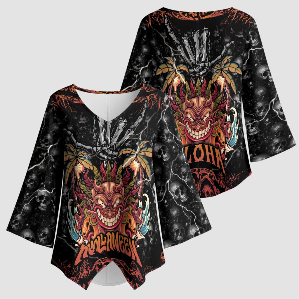 Aloha Halloween Kimono Sleeve Blouse Horror Tiki Heavy Metal Style - Polynesian Pride