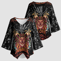 Aloha Halloween Kimono Sleeve Blouse Horror Tiki Heavy Metal Style - Polynesian Pride