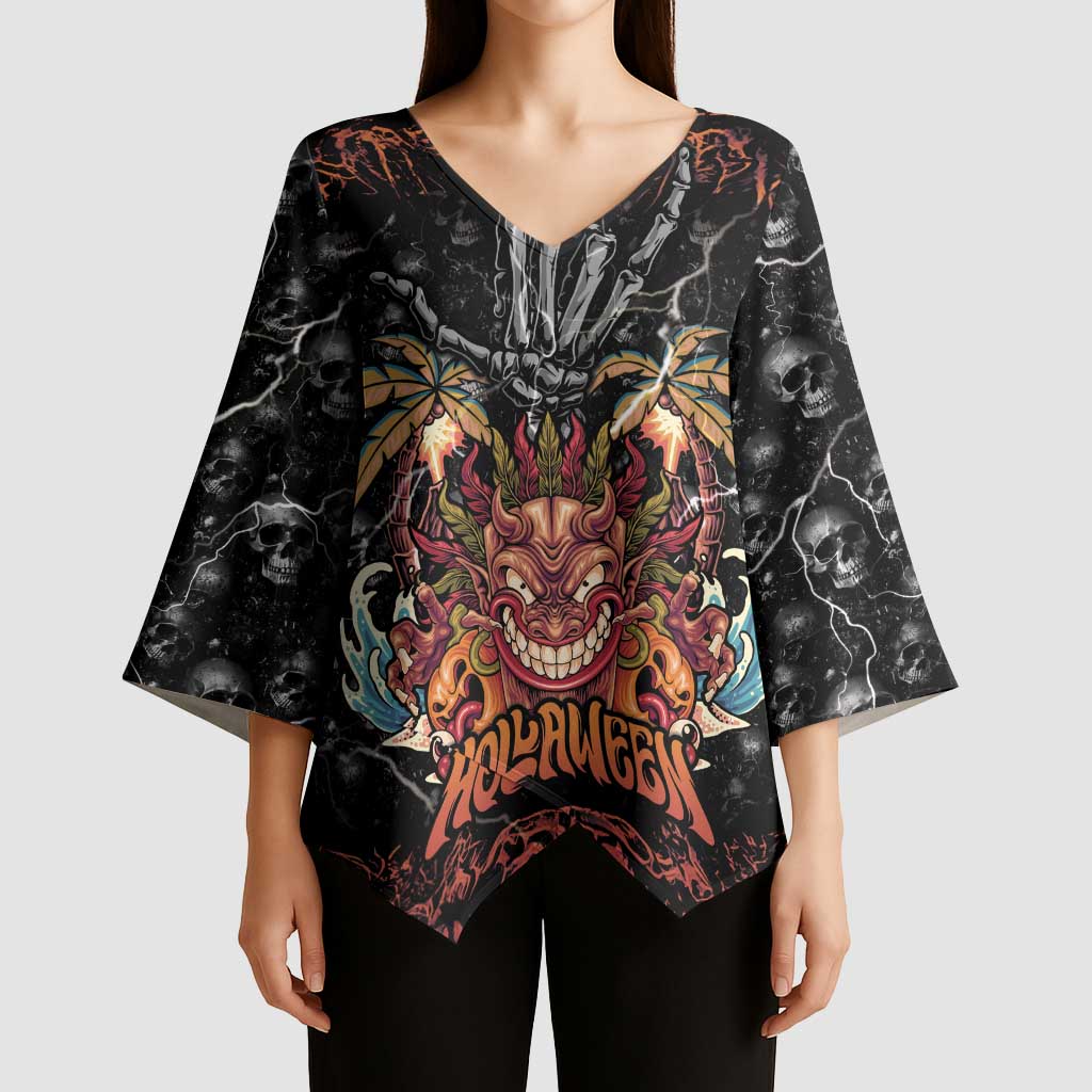Aloha Halloween Kimono Sleeve Blouse Horror Tiki Heavy Metal Style - Polynesian Pride