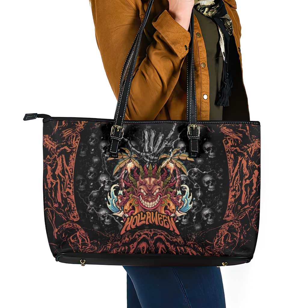 Aloha Halloween Leather Tote Bag Horror Tiki Heavy Metal Style - Polynesian Pride