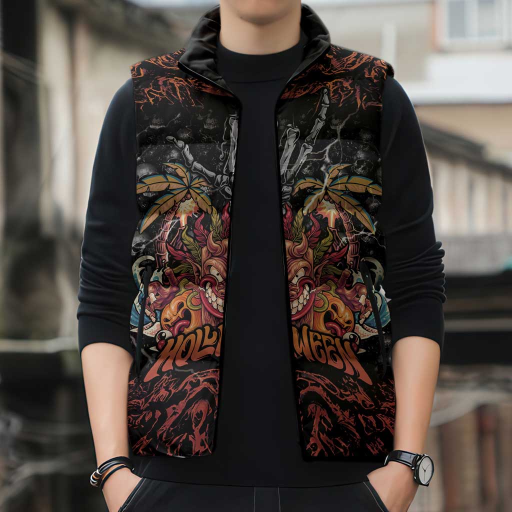 Aloha Halloween Sleeveless Puffer Jacket Horror Tiki Heavy Metal Style - Polynesian Pride