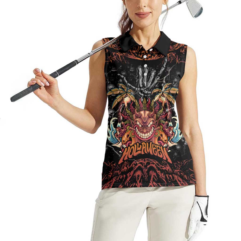 Aloha Halloween Women Sleeveless Polo Shirt Horror Tiki Heavy Metal Style - Polynesian Pride