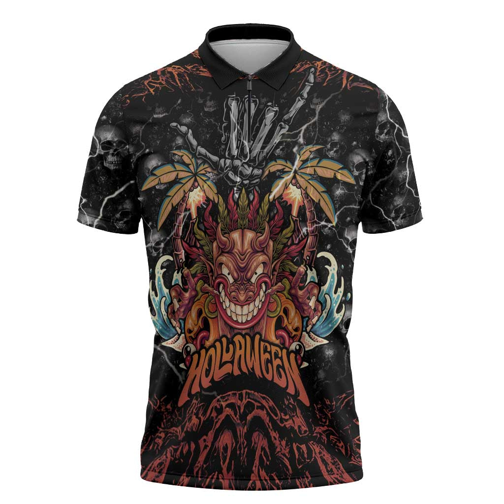 Aloha Halloween Zipper Polo Shirt Horror Tiki Heavy Metal Style - Polynesian Pride