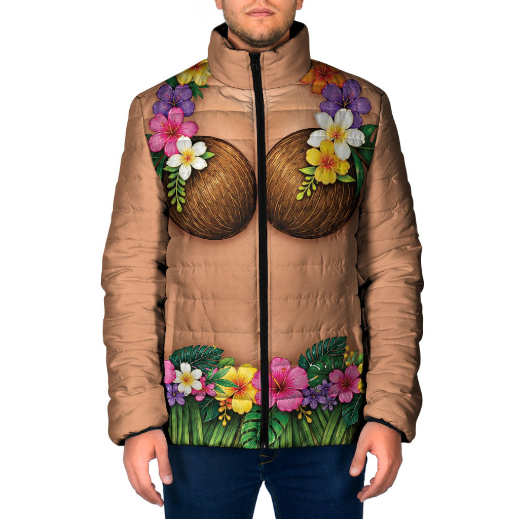 Hawaii Hula Costume Padded Jacket Coconut Bra Lei Flowers Grass Skirt LT05 Men Beige - Polynesian Pride