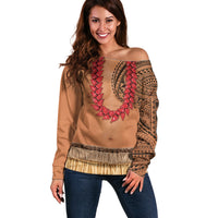 Samoa Tribal Tattoo Costume Off Shoulder Sweater Ula Fala Necklace LT05 Women Beige - Polynesian Pride