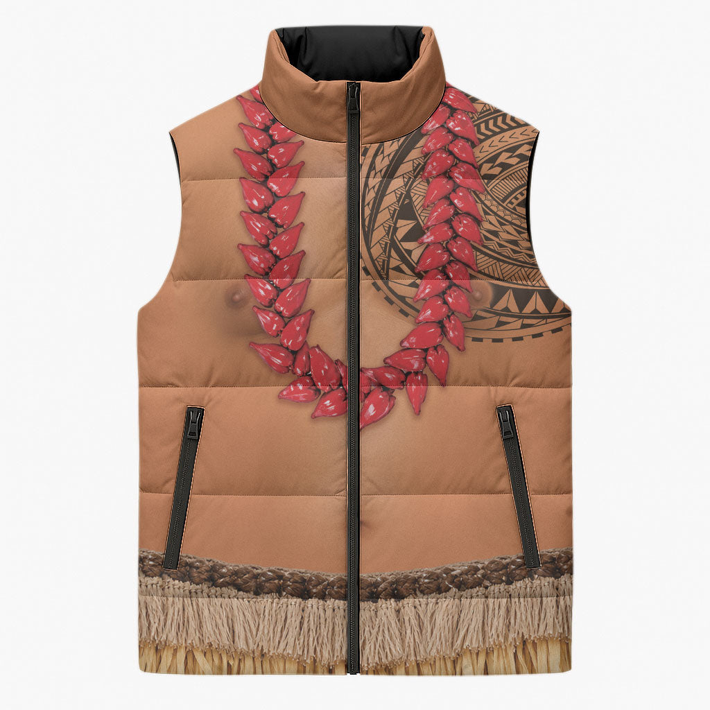 Samoa Tribal Tattoo Costume Sleeveless Puffer Jacket Ula Fala Necklace LT05 Unisex Beige - Polynesian Pride