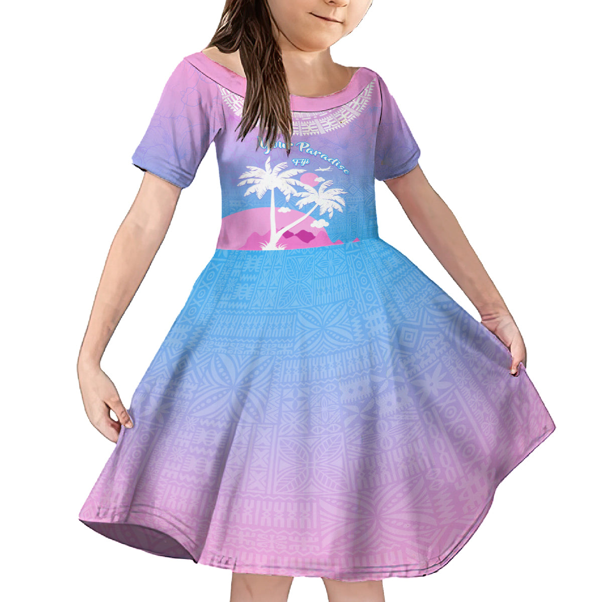 Personalised Fiji Your Paradise Festival Family Matching Off Shoulder Maxi Dress and Hawaiian Shirt With Fijian Masi Tapa Pattern LT05 Daughter's Dress Blue - Polynesian Pride