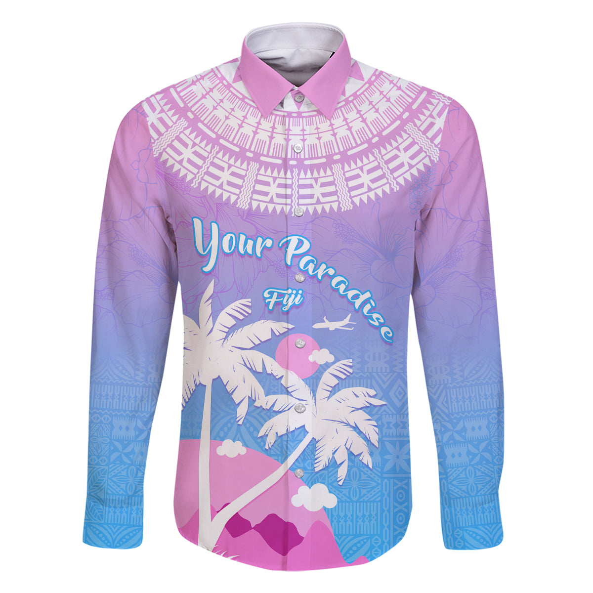Personalised Fiji Your Paradise Festival Family Matching Tank Maxi Dress and Hawaiian Shirt With Fijian Masi Tapa Pattern LT05 Dad's Shirt - Long Sleeve Blue - Polynesian Pride