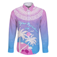 Personalised Fiji Your Paradise Festival Family Matching Tank Maxi Dress and Hawaiian Shirt With Fijian Masi Tapa Pattern LT05 Dad's Shirt - Long Sleeve Blue - Polynesian Pride