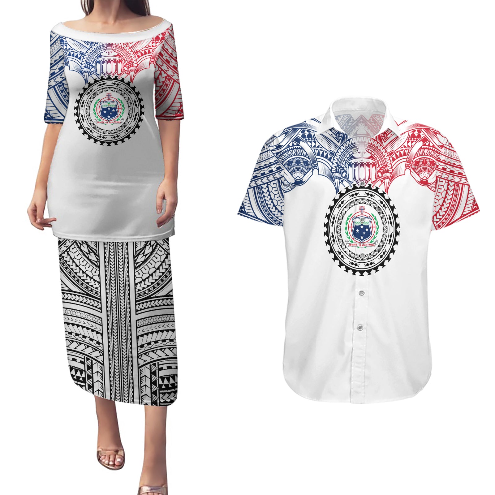 Samoa Black Saturday Couples Matching Puletasi Dress and Hawaiian Shirt Polynesian Tribal Simple Style LT05 White - Polynesian Pride