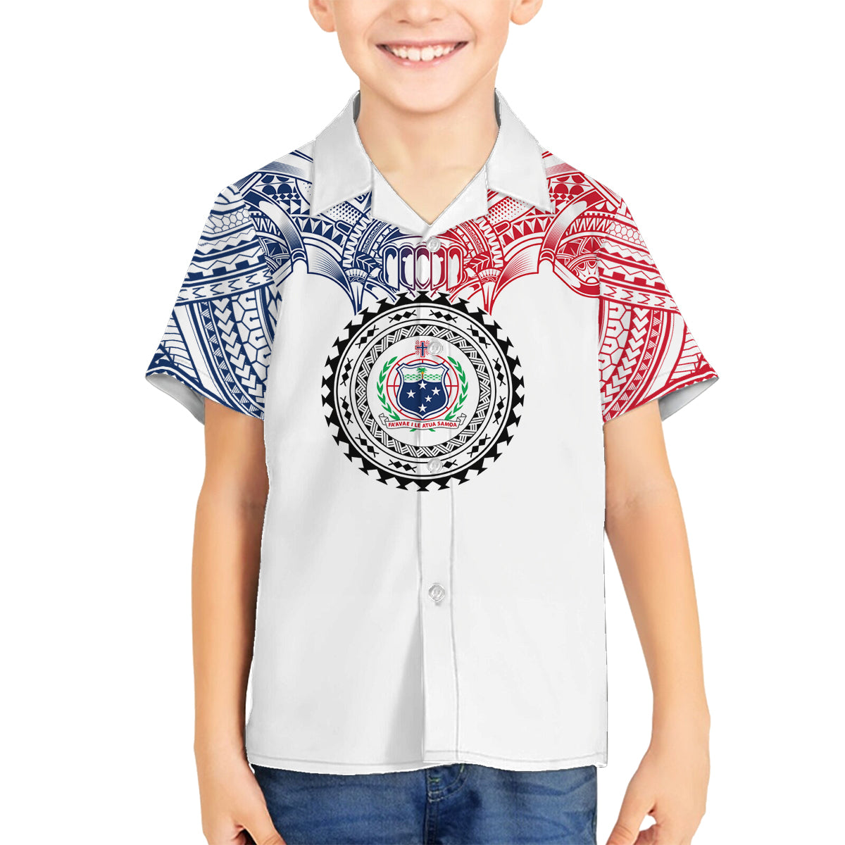 Samoa Black Saturday Family Matching Off Shoulder Short Dress and Hawaiian Shirt Polynesian Tribal Simple Style LT05 Son's Shirt White - Polynesian Pride