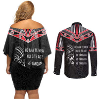 Aotearoa Toitu Te Tiriti Couples Matching Off Shoulder Short Dress and Long Sleeve Button Shirt New Zealand Honour The Treaty