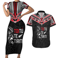 Aotearoa Toitu Te Tiriti Couples Matching Short Sleeve Bodycon Dress and Hawaiian Shirt New Zealand Honour The Treaty LT05 Black - Polynesian Pride