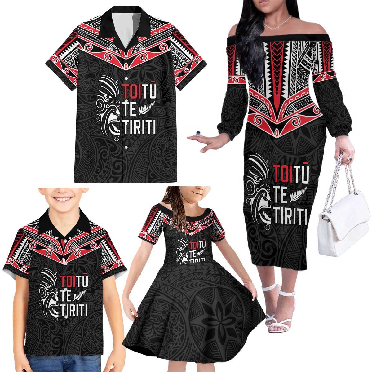 Aotearoa Toitu Te Tiriti Family Matching Off The Shoulder Long Sleeve Dress and Hawaiian Shirt New Zealand Honour The Treaty LT05 - Polynesian Pride