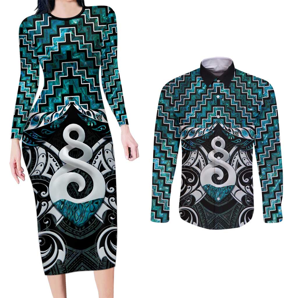 New Zealand Maori Couples Matching Long Sleeve Bodycon Dress and Long Sleeve Button Shirt Poutama Pikorua Turquoise Paua Shell LT05 Turquoise - Polynesian Pride