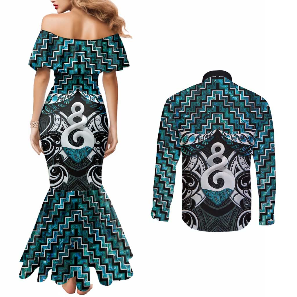 New Zealand Maori Couples Matching Mermaid Dress and Long Sleeve Button Shirt Poutama Pikorua Turquoise Paua Shell LT05 - Polynesian Pride