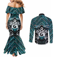 New Zealand Maori Couples Matching Mermaid Dress and Long Sleeve Button Shirt Poutama Pikorua Turquoise Paua Shell LT05 - Polynesian Pride