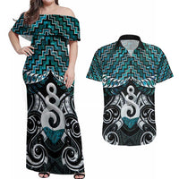 New Zealand Maori Couples Matching Off Shoulder Maxi Dress and Hawaiian Shirt Poutama Pikorua Turquoise Paua Shell LT05 Turquoise - Polynesian Pride