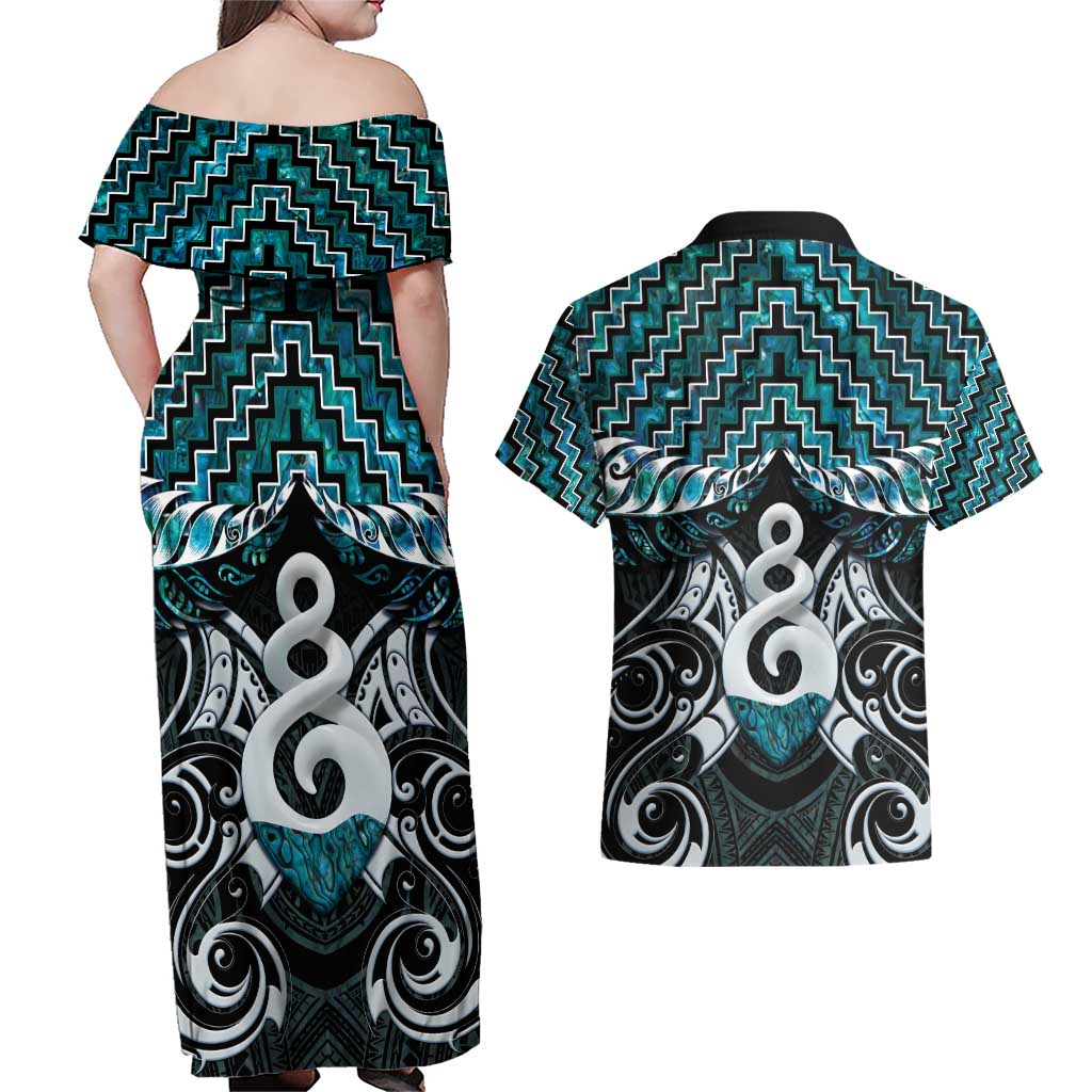 New Zealand Maori Couples Matching Off Shoulder Maxi Dress and Hawaiian Shirt Poutama Pikorua Turquoise Paua Shell LT05 - Polynesian Pride