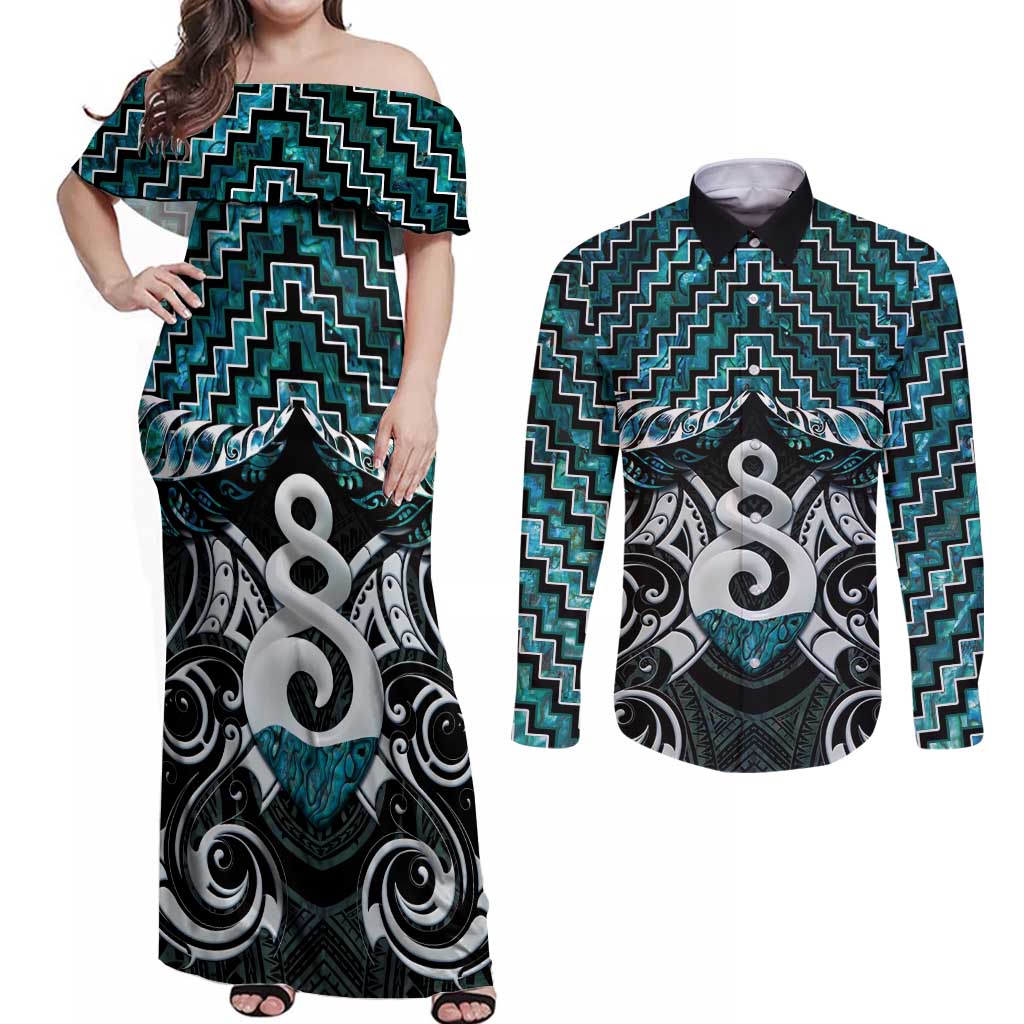 New Zealand Maori Couples Matching Off Shoulder Maxi Dress and Long Sleeve Button Shirt Poutama Pikorua Turquoise Paua Shell LT05 Turquoise - Polynesian Pride